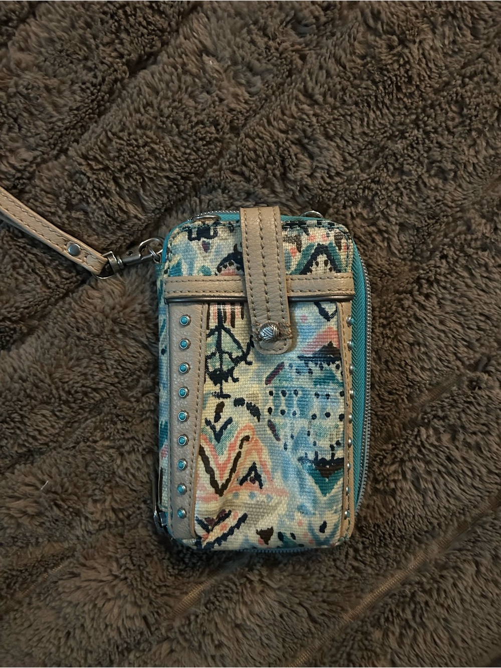 Sakroots Multicolor Patterned Wristlet Wallet with Teal Accent
